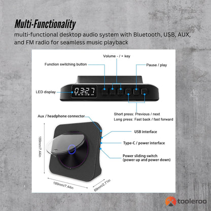 Tooleroo - USB Rechargeable Desktop CD Player Speaker – Bluetooth Portable | Black DropShipZone