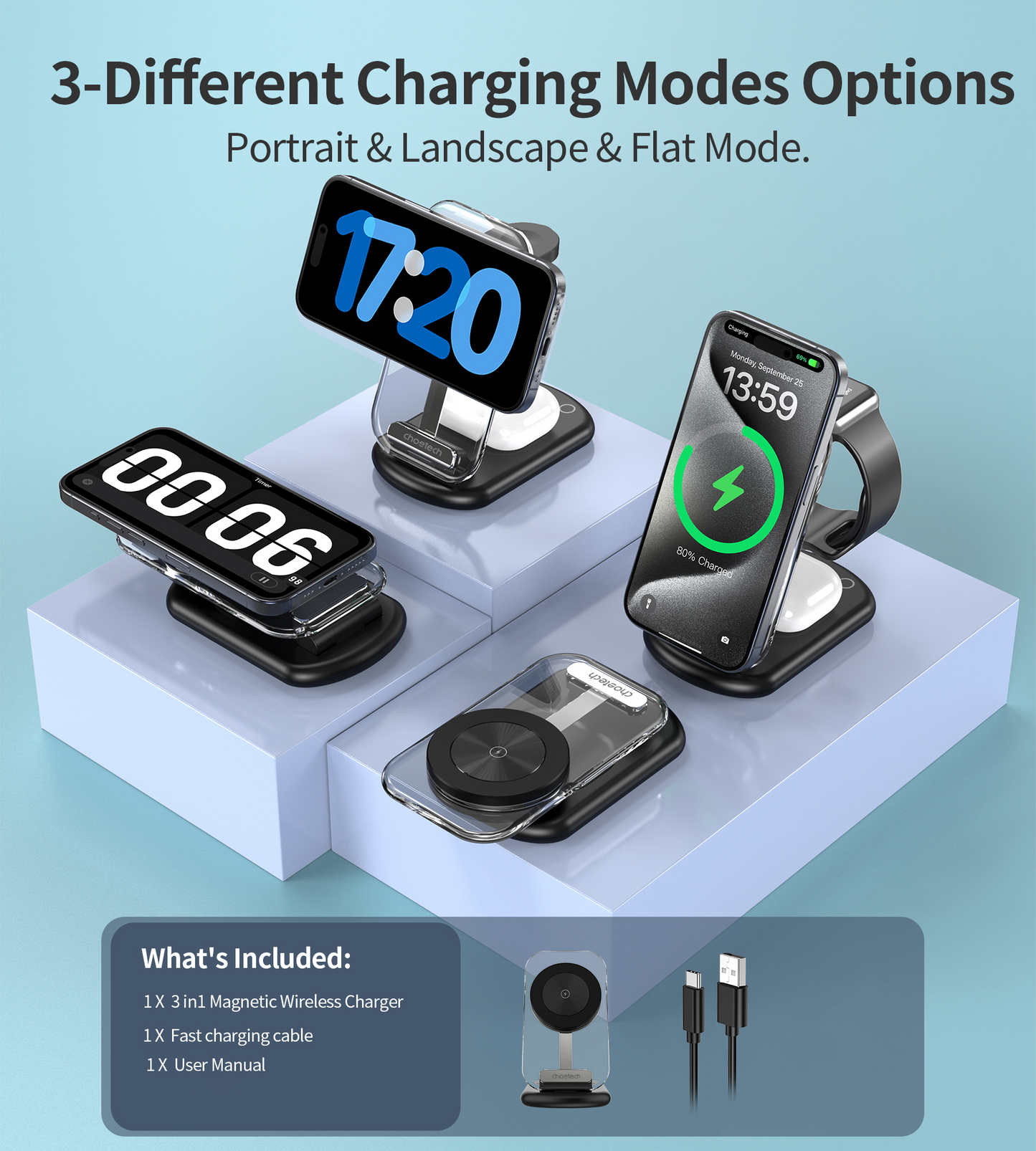 CHOETECH - MagSafe Wireless fast Charger Stand for iPhone i-Watch AirPods w/ Ambient Light DropShipZone