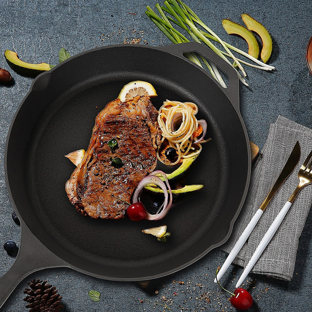 Non-stick Frying Pan Cast Iron Steak Skillet Round BBQ Grill Cookware 30cm GiftArk
