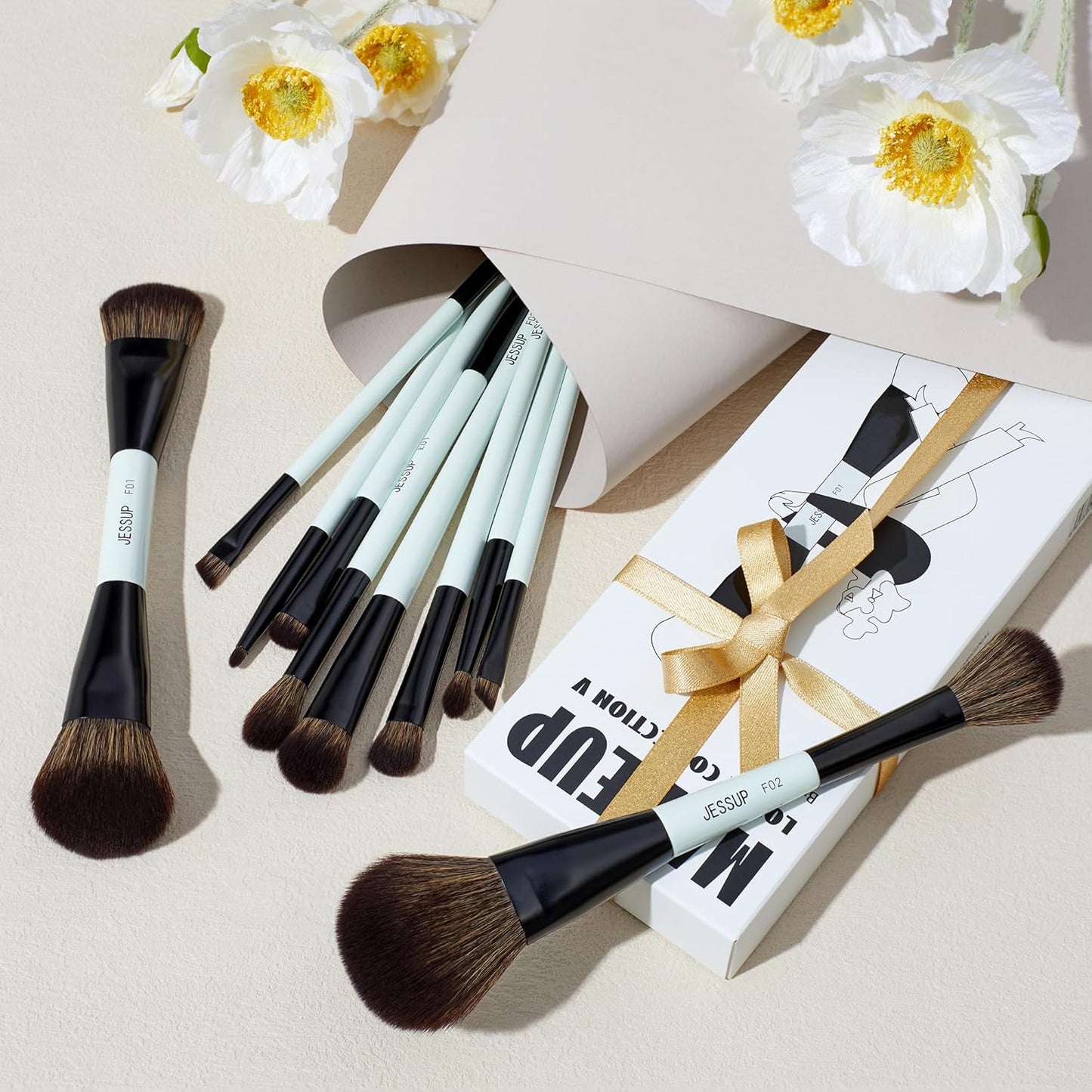 Makeup Brushes Set 10Pcs, Double Sided Foundation Contour Blush Highlight Blending Eyebrow Brush Eyeshadow Eyeliner Concealer Brush, Bright Cyan Cruelty Free Cosmetic Tools T500