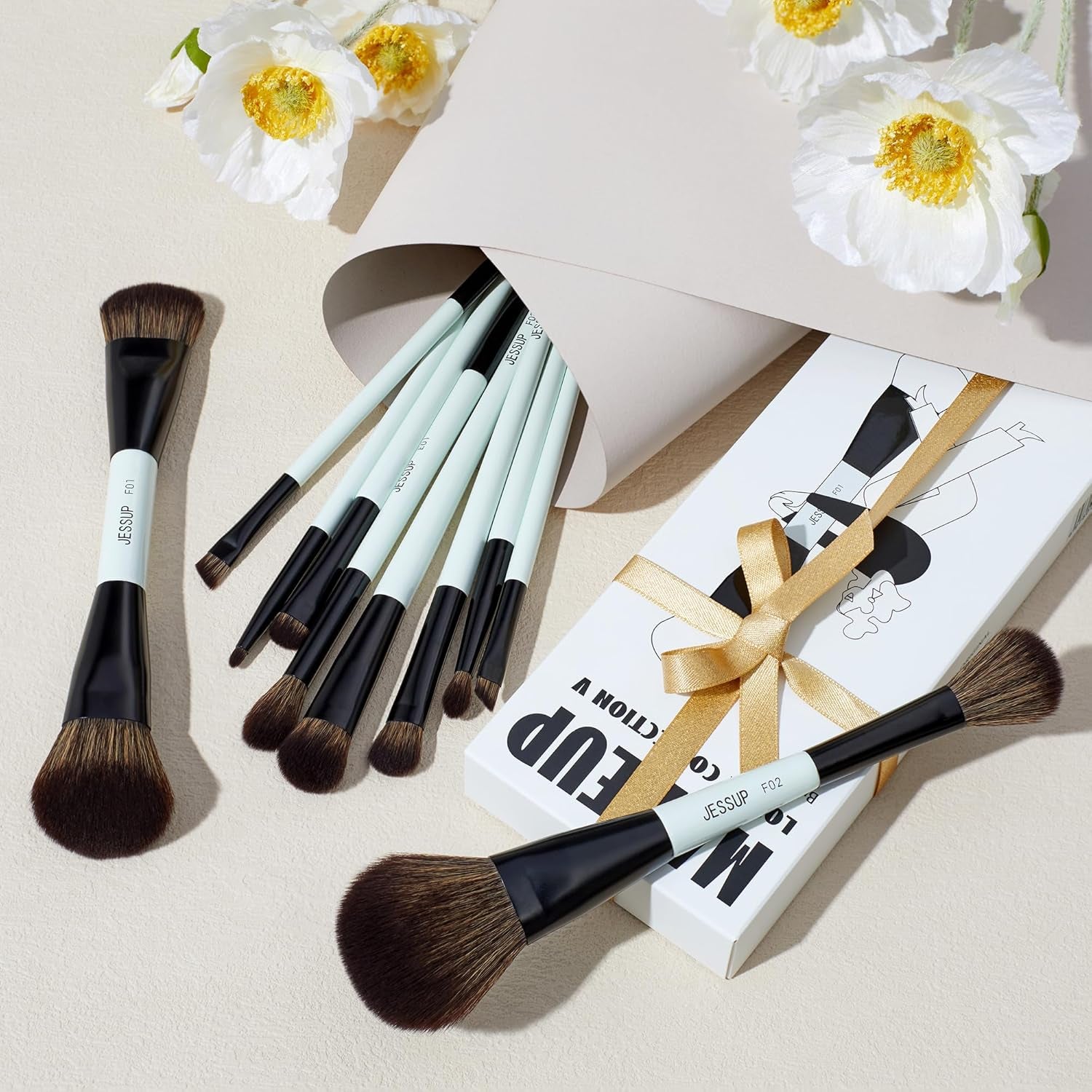 Makeup Brushes Set 10Pcs, Double Sided Foundation Contour Blush Highlight Blending Eyebrow Brush Eyeshadow Eyeliner Concealer Brush, Bright Cyan Cruelty Free Cosmetic Tools T500