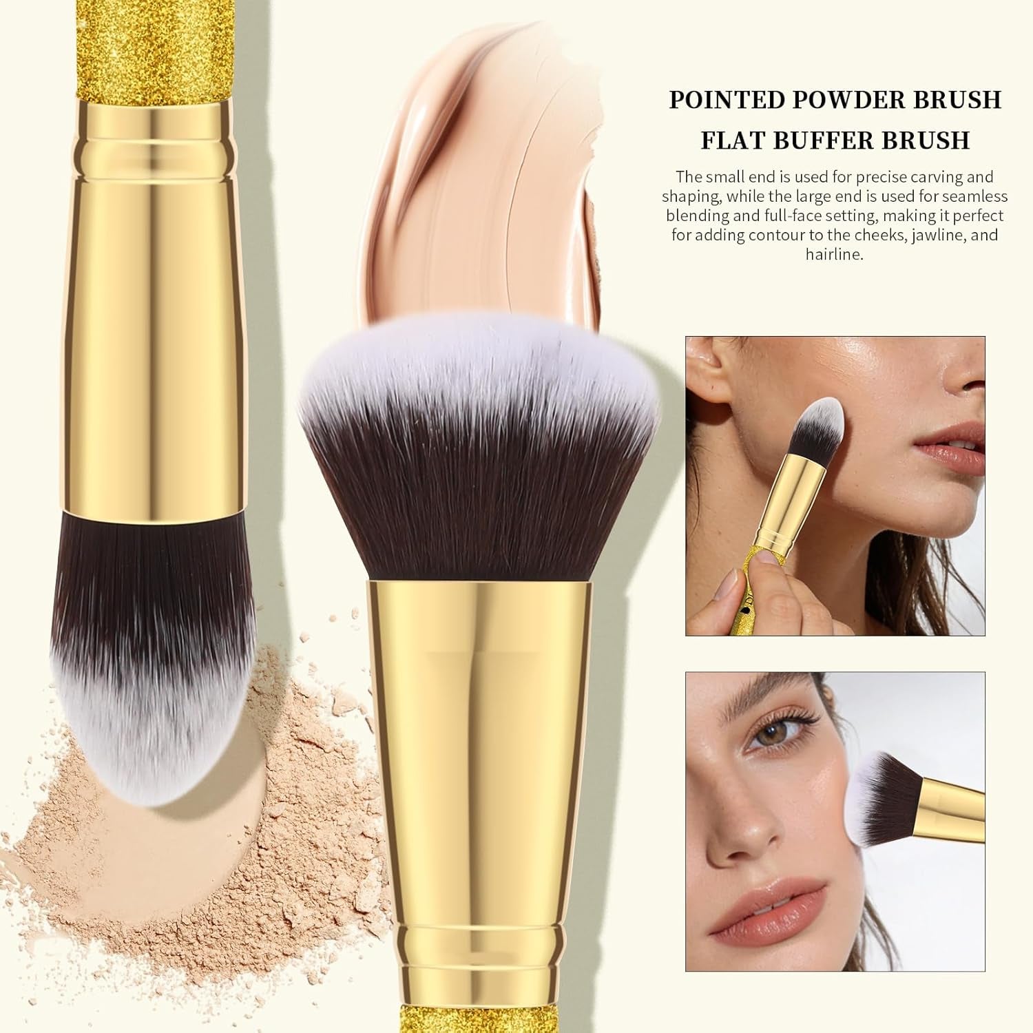 Makeup Brushes Duo End Foundation Powder Buffer and Contour Synthetic Cosmetic Tools 2Pcs Gold
