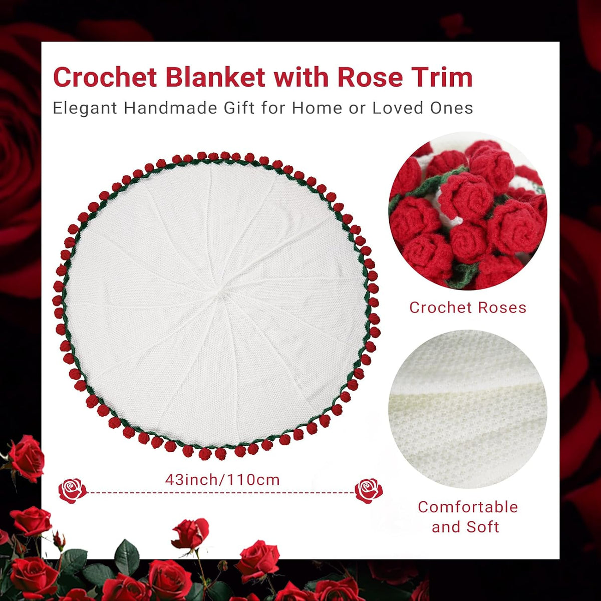 Red Rose Crochet Flower Bouquet Blanket Handmade Gift