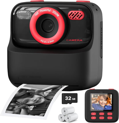 Kids Camera Instant Print Photo, Birthday Gifts for Girls and Boys, Kids Digital Camera Toys, 1080P HD Video, 3 4 5 6 7 8 9 10 11 12 Year Old Boy Gifts/Girl Gifts (Black)
