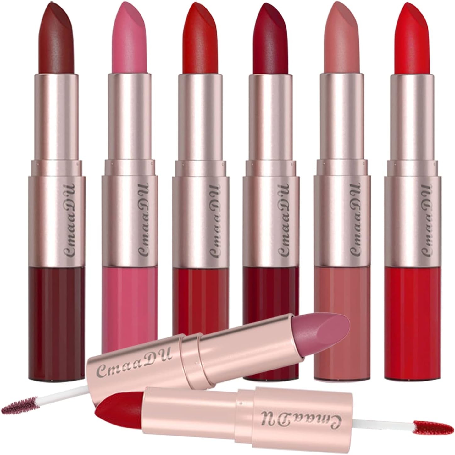 2 in 1 Lipstick Set 6Pcs Matte Nude Liquid Lipstick Non-Stick Long Lasting Lip Gloss Kit High Shine for Fuller Looking Lips, Pigmented Lip Makeup Gift Sets for Girls and Women(B)