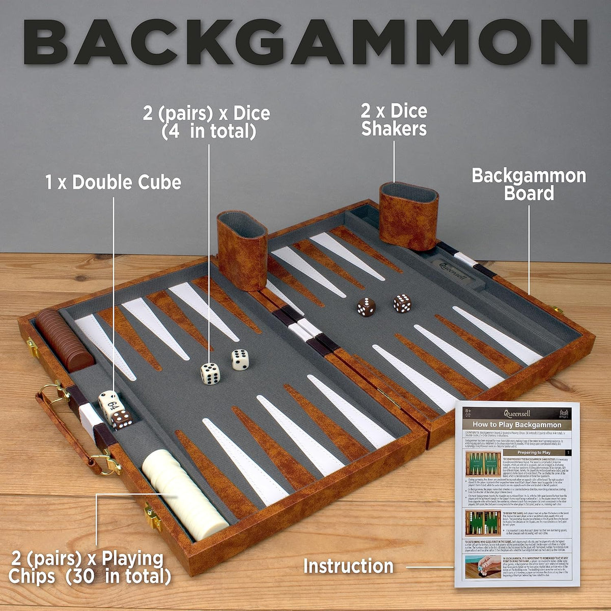 Large Backgammon Sets for Adults - Classic Board Games for 2 Players Adults and Kids - Premium Backgammon Set 38.1 Cm Board and 32 Backgammon Pieces in Quality PU Leather Case