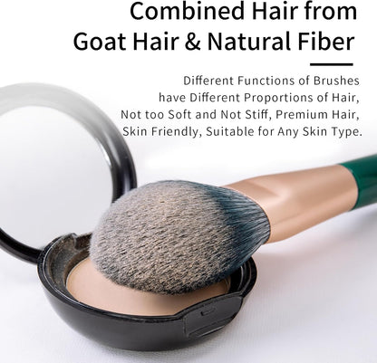 Natural Fiber & Goat Hair Makeup Brush Set Professional, Combined Hair Makeup Brushes Set with Case, Green Cosmetic Brushes Makeup Set, Natural Makeup Brushes, Natural Bristle Makeup Brushes.