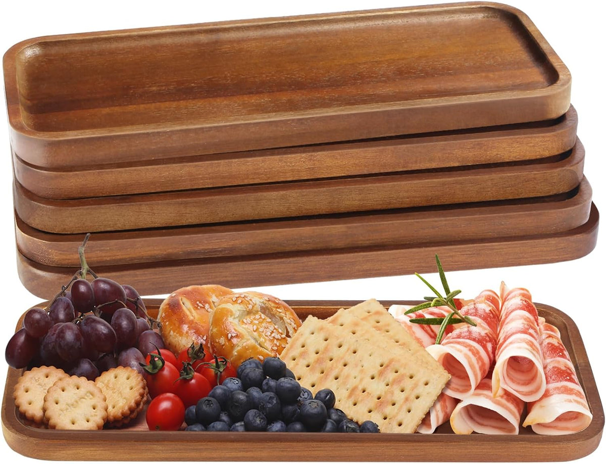 Solid Acacia Wood Serving Tray - 6 Pack, 35.5 Cm X 14 Cm Rectangular Wooden Serving Platter, Wood Boards for Food, Mini Cheese Board for Vegetable, Charcuterie, Appetizer
