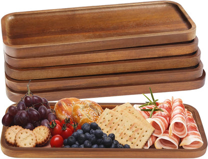Solid Acacia Wood Serving Tray - 6 Pack, 35.5 Cm X 14 Cm Rectangular Wooden Serving Platter, Wood Boards for Food, Mini Cheese Board for Vegetable, Charcuterie, Appetizer