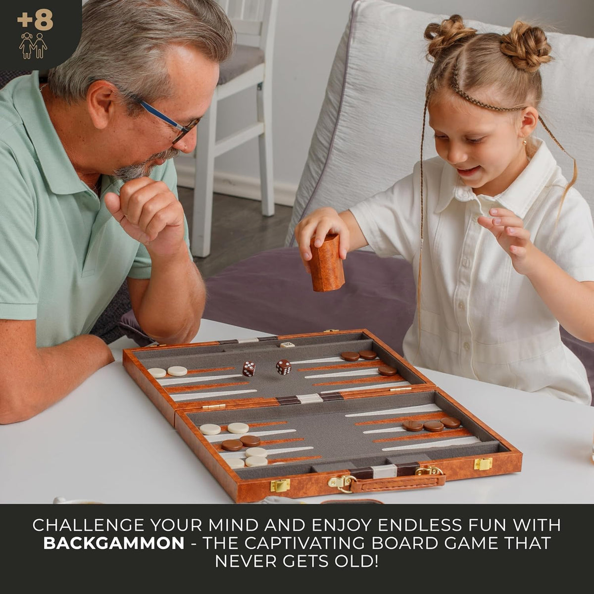 Large Backgammon Sets for Adults - Classic Board Games for 2 Players Adults and Kids - Premium Backgammon Set 38.1 Cm Board and 32 Backgammon Pieces in Quality PU Leather Case