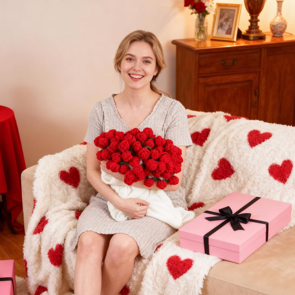 Red Rose Crochet Flower Bouquet Blanket Handmade Gift