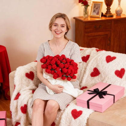 Red Rose Crochet Flower Bouquet Blanket Handmade Gift