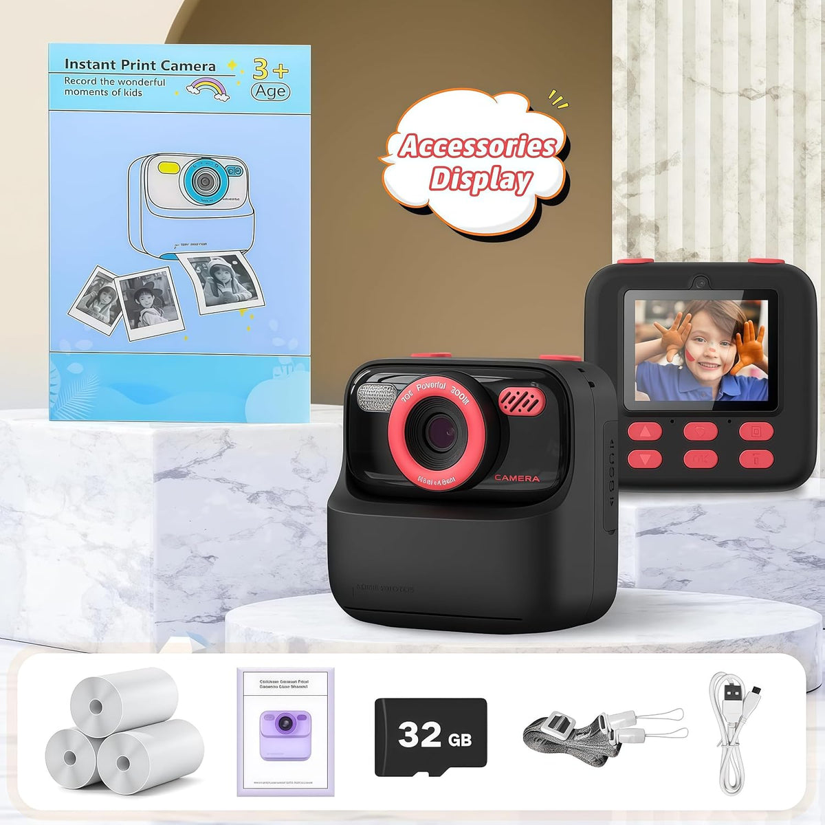Kids Camera Instant Print Photo, Birthday Gifts for Girls and Boys, Kids Digital Camera Toys, 1080P HD Video, 3 4 5 6 7 8 9 10 11 12 Year Old Boy Gifts/Girl Gifts (Black)