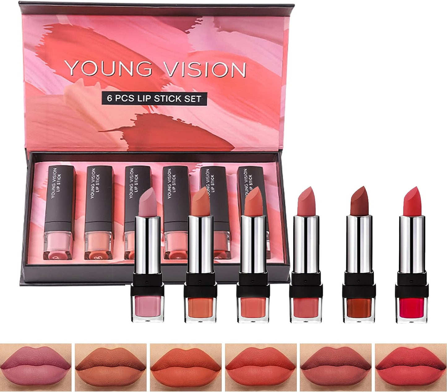 Matte Nude Lipstick, Lip Stick Bundles Gift Box Set, Waterproof Long Lasting Retractable, for Daily/Travel/Party/Work Makeup, 6 Packs