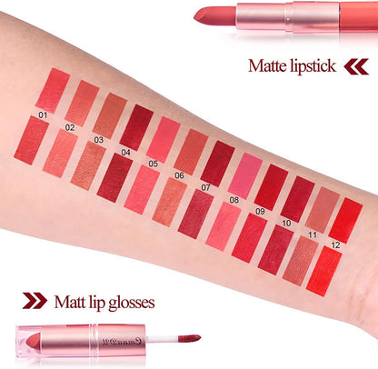2 in 1 Lipstick Set 6Pcs Matte Nude Liquid Lipstick Non-Stick Long Lasting Lip Gloss Kit High Shine for Fuller Looking Lips, Pigmented Lip Makeup Gift Sets for Girls and Women(B)