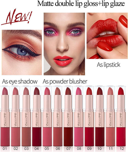2 in 1 Lipstick Set 6Pcs Matte Nude Liquid Lipstick Non-Stick Long Lasting Lip Gloss Kit High Shine for Fuller Looking Lips, Pigmented Lip Makeup Gift Sets for Girls and Women(B)